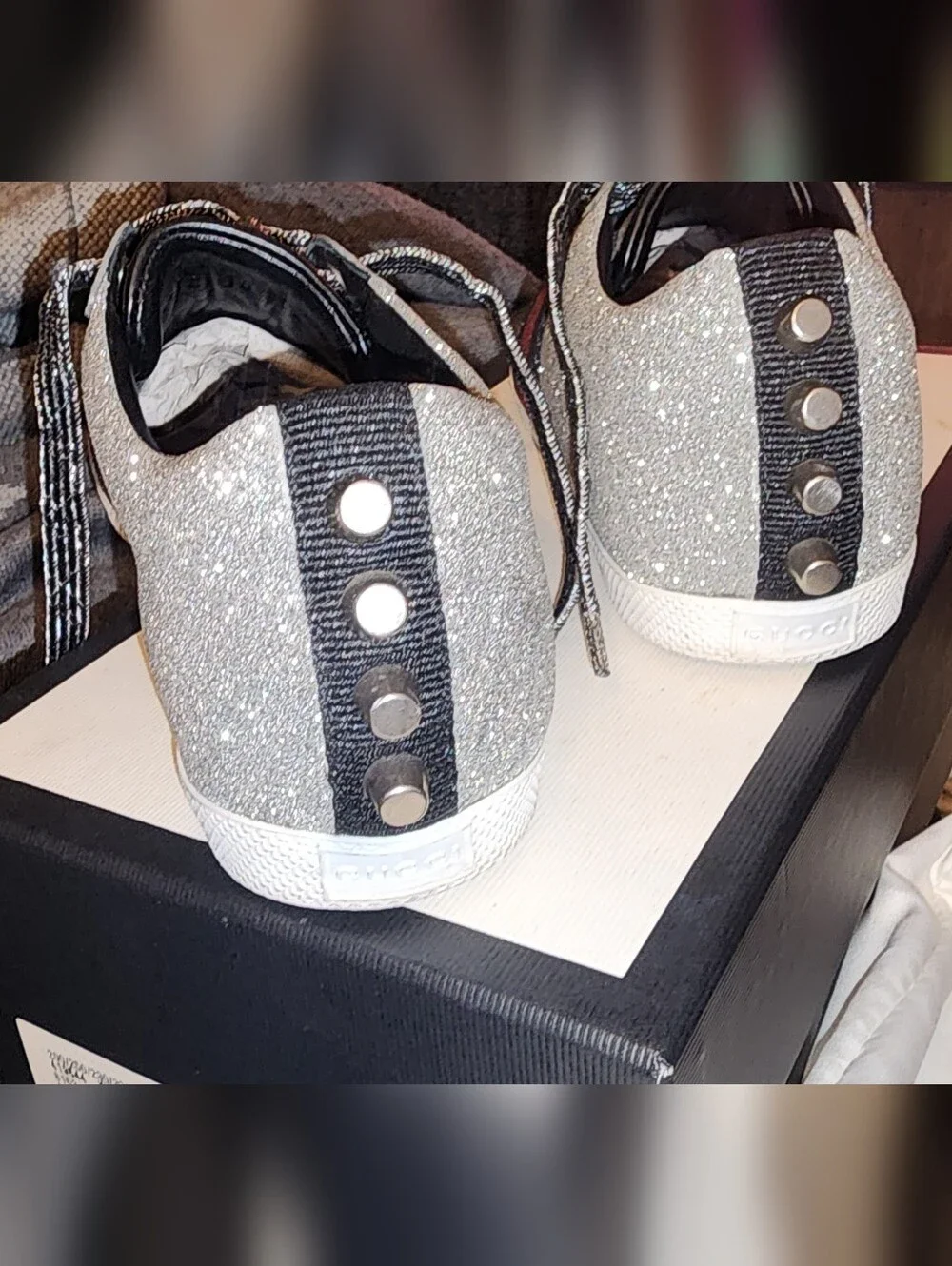Gucci Silver Glitter Low-Top Sneaker with Red & Blue Stripe